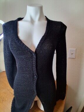 BCBGMAXAZRIA Black Crochet Open Knit Longline Duster Cardigan Size S